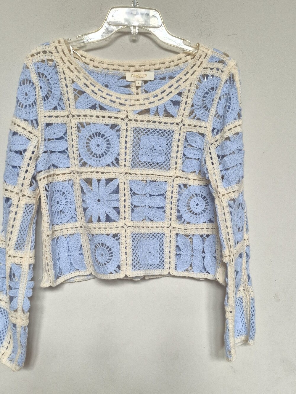 REBELLION Again Women's Blue & Cream Crochet Square Pullover Top Size Large